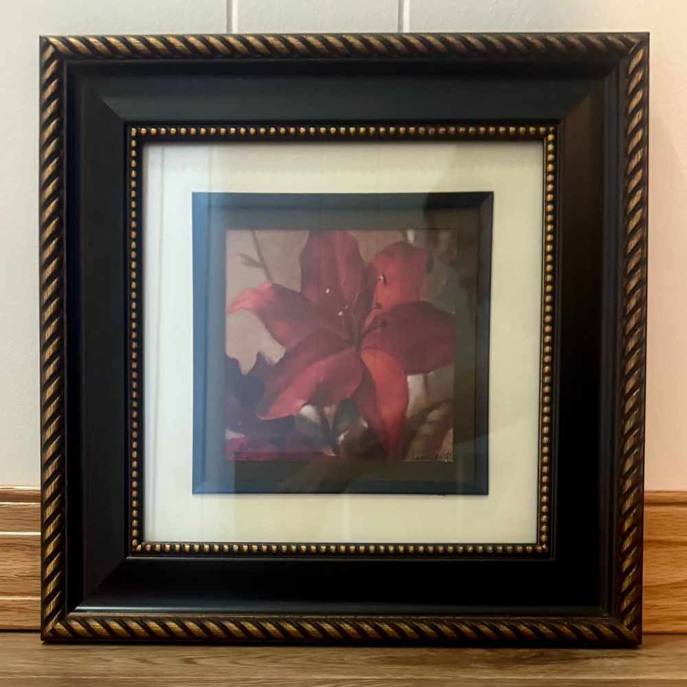 Framed Red Lily Floral Art Print in Decorative Black & Gold Frame - Picture 8 of 8